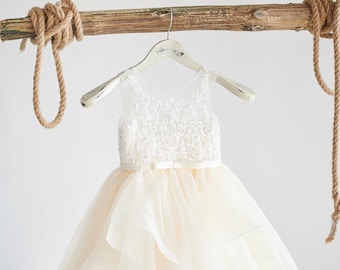 Flower Girl Dress, Champagne, Ivory, Mid-Calf Length, Beaded Lace, Satin, Tulle, Organza, Princess, Girl Ball Gown Dress, (D007)