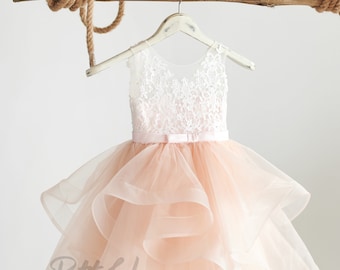 Flower Girl Dress, Blush Pink, Beaded Lace, Satin, Tulle, Organza, Princess, Knee-length, Girl Ball Gown Dress, (D016-A)