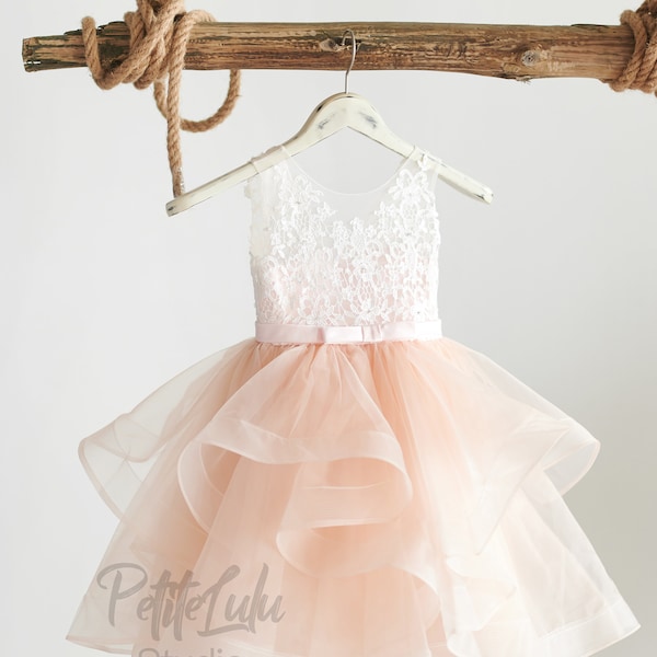 Robe de demoiselle d'honneur, rose blush, satin, organza, longueur genou, robe de mariage pour filles, robe de soirée, princesse (D016-A)