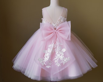 Flower Girl Dress, Barbie Pink, Beaded Lace, Satin, Tulle, Princess, Knee-length, Girl Ball Gown Dress, (D034)