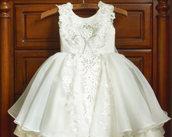 Flower Girl Dress, Baptism, Christening, White, Knee-Length, Organza, Beaded Lace (D002)
