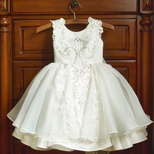 Flower Girl Dress, Baptism, Christening, White, Knee-Length, Organza, Beaded Lace (D002)