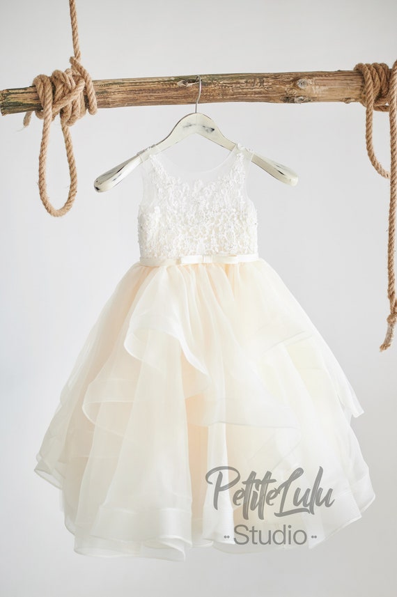 Flower Girl Dress, Champagne, Ivory, Mid-Calf Length, Beaded Lace, Satin, Tulle, Organza, Princess, Girl Ball Gown Dress, (D007) Flower Girl Dress, Champagne, Ivory, Mid-Calf Length, Beaded Lace, Satin, Tulle, Organza, Princess, Girl Ball Gown Dress, (D007)