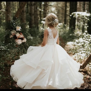 Flower Girl Dress, Ivory, Beaded Lace, Satin, Tulle, Organza, Princess, Floor Length, Girl Ball Gown Dress, D016-B image 1