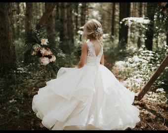 Flower Girl Dress, Ivory, Beaded Lace, Satin, Tulle, Organza, Princess, Floor Length, Girl Ball Gown Dress, (D016-B)