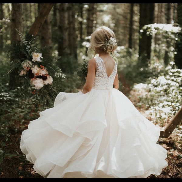 Flower Girl Dress, Ivory, Beaded Lace, Satin, Tulle, Organza, Princess, Floor Length, Girl Ball Gown Dress, (D016-B)