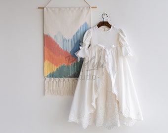 Christening Dress, Ivory, Knee-Length, Lang Sleeves, Soft Cotton, Long Sleeves, French Lace, Including Bonnet (D022)