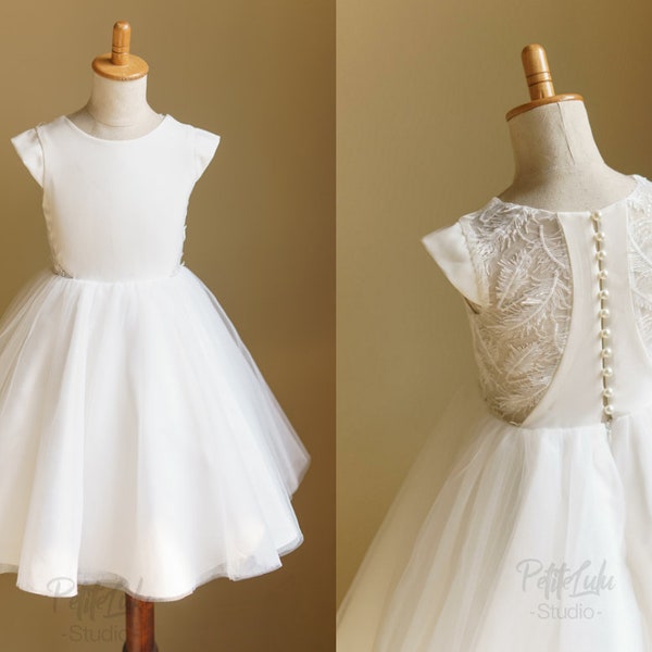 Robe de demoiselle d'honneur de mariage ivoire en mousseline de soie tulle dentelle longueur au genou (D032)