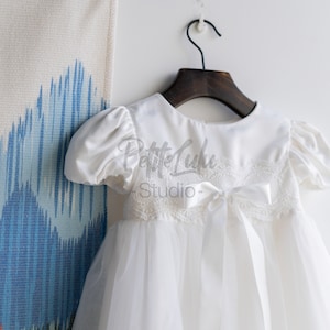 Christening Dress, Ivory, Knee-Length, Soft Cotton, Short Puffy Sleeves, Including Bonnet (D021)