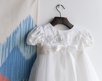 Christening Dress, Ivory, Knee-Length, Soft Cotton, Short Puffy Sleeves, Including Bonnet (D021)