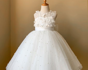 Flower Girl Dress Ivory Satin Tulle Floor Length Girls Dress Wedding Evening Dress Princess (D041)