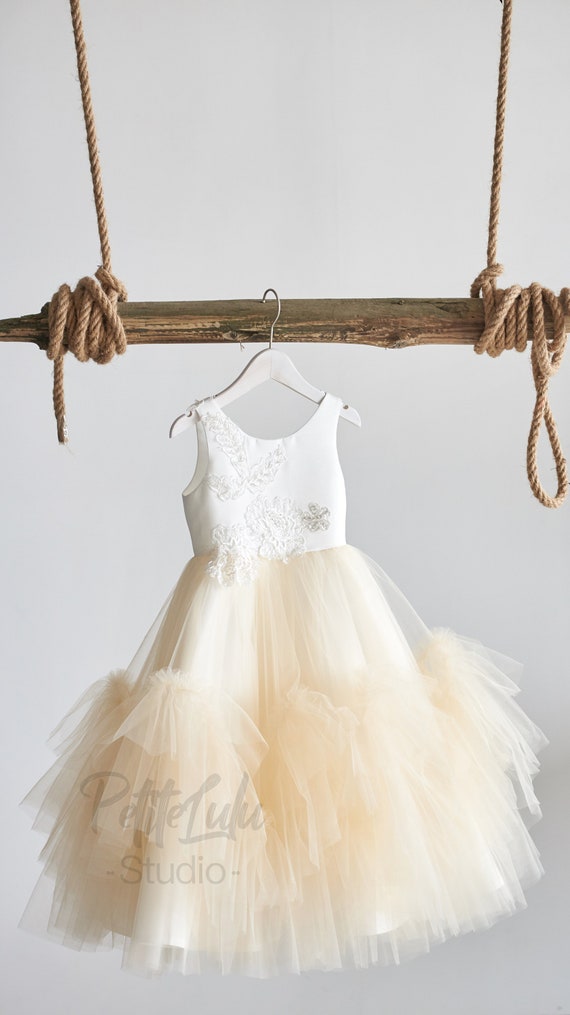 Flower Girl Dress, Champagne, Mid-Calf Length, Tulle (D014)