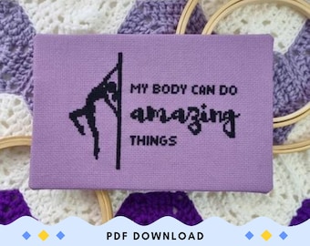 Patrón de punto de cruz "Cosas asombrosas" de Pole Dance: Afirmación motivacional