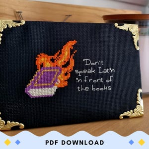 Book on Fire Cross Stitch Pattern - Don&#39;t Speak Latin in Front of the Books