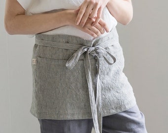 Half bistro aprons MELISSA / Waist aprons with pockets / Unisex short linen waitress apron / Made from natural washed linen / Server aprons