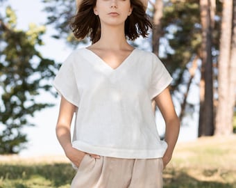 Linen Summer Top ODENSE / Short Sleeve Shirt For Women / Soft Linen Blouse / Linen Shirt / V-neck Blouse