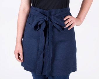 Delantal de cintura de lino con dos bolsillos MINT / Delantal de chef de medio bistro / Delantales de camarera de café / Delantal de cintura corta