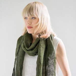 Washed linen scarf / Dark olive green color linen scarf / Women scarf / Softened linen scarves / Long linen scarf / Man scarf