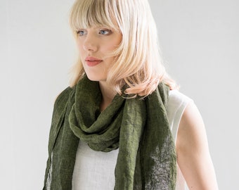 Washed linen scarf / Dark olive green color linen scarf / Women scarf / Softened linen scarves / Long linen scarf / Man scarf