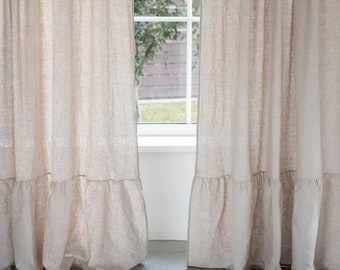Linen Curtains With Ruffles / Rod pocket linen curtain panel ruffles / Rustic blinds / Washed linen ruffled curtain drapes / Home refresh