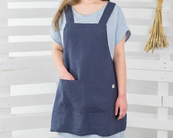 Japanese style apron ROSEMARY / Cross-back apron with 2 pockets / Available in 21 colors / Linen cross back apron