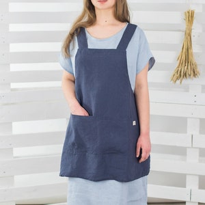 Japanese style apron ROSEMARY / Cross-back apron with 2 pockets / Available in 21 colors / Linen cross back apron image 1
