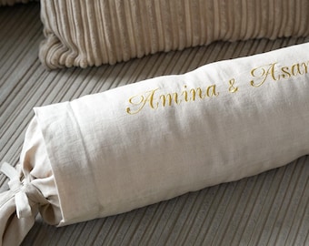 Linen bolster pillow cover with custom embroidery WITH GOLD THREADS / Soft natural washed linen / Sofa bolster cover