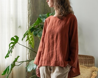 Linen long blouse LUCCA / Long sleeve blouse / Round neck linen top / Linen tops for women