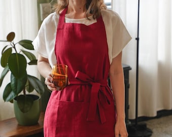 Linen apron with ties THYME / Apron with pockets for cooking, gardening