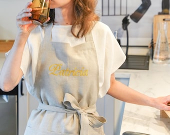 Embroidered chef apron THYME / Apron with pockets for cooking, gardening/ Personalized linen apron / Apron with name /Perfect Christmas gift