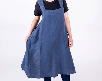 Cross Back Linen Apron BASIL / Japanese style apron / No ties / Washed linen apron / Natural linen cooking pinafore / A shape apron