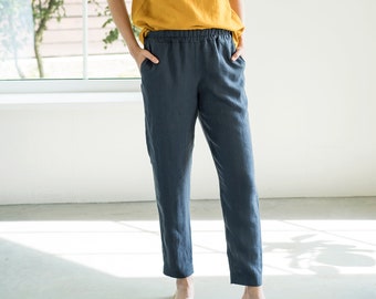 Linen trousers RONDA / 22 colors / Linen pants / With elastic waistband / Classic linen pants / Tapered washed linen pants / Loose pants