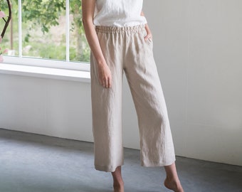 Washed linen pants / Linen pants / Soft linen pants REIMS / With elastic waistband / Culottes / Linen trousers / Wide linen pants