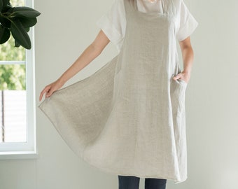 Linen apron dress with pockets BASIL / Artist apron / Linen cross back pinafore / Bakery Bbq apron / Cafe pinafore / Available in 22 colors