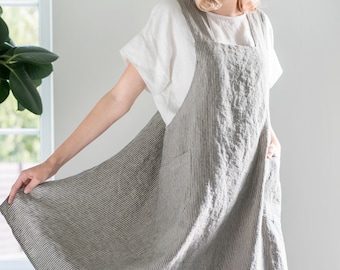 Cross-back washed linen apron BASIL / Japanese apron / Mother's Day personalized gift