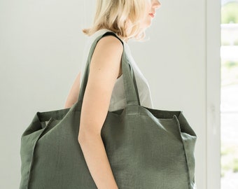 Market Tote Bag / 21 Colors / Bag With Pocket Inside / Linen Shopping Bag / Large Market Bag / Eco-friendly /Light Moss Green / Customizable