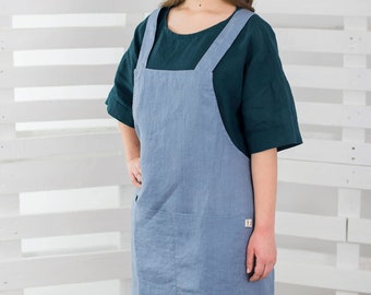 Blue Japanese linen apron / Washed linen / Linen kitchen apron / Cross-back apron / XS-S size / Wrap linen apron