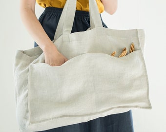 Pure linen bag with pockets / Washed linen shopping bag / Large linen tote bag / Market bag / Beach bag / Linen bag in various colors