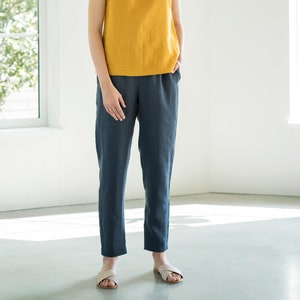 High Waist Tapered Washed Linen Pants RONDA / Linen waist pants / With elastic waistband / Linen trouser / Pants available in various colors