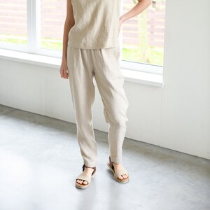 Sample sale / Linen pants RONDA / With elastic waistband / Slightly tapered linen pants / Beige color / Model is wearing S size image 3