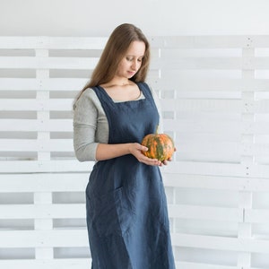 Linen Japanese Apron OREGANO / No ties apron / Washed linen / Cross Back Bandage X Shape / Apron with Two Pockets