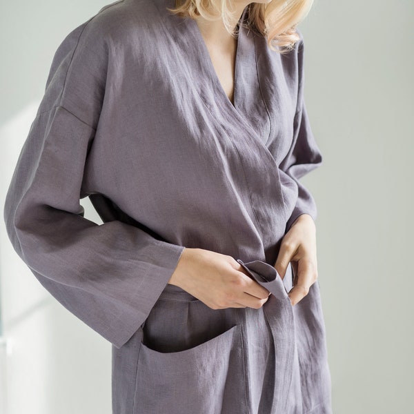 Linen bath robe / Spa robe / Sauna robe / Unisex linen robe / Soft wrap robe / Various colors / Linen bathrobe with pockets  / Custom Gift