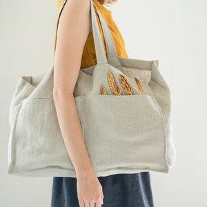 Pure Linen Bag With Pockets / Washed Linen Shopping Bag / - Etsy