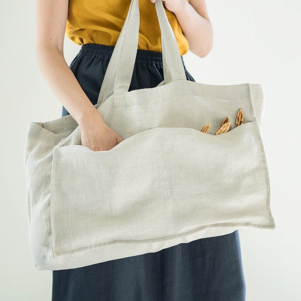 Pure linen bag with pockets / Washed linen shopping bag / Large linen tote bag / Market bag / Beach bag / Linen bag in various colors