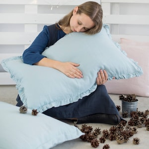 Ruffled linen pillow case / softened linen / pillow case with ruffles / linen bedding / body pillow / decorative cushion / light blue color