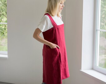 Apron for women CHILE/ Organic linen apron in 22 colors/European linen clothing /Gardening pinafore/Apron with no ties / Gift for Christmas!