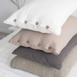 Washed linen pillow cases / Decorative cushion cover / Linen bedding / Linen pillow case with coconut buttons / Linen pillow cases image 1