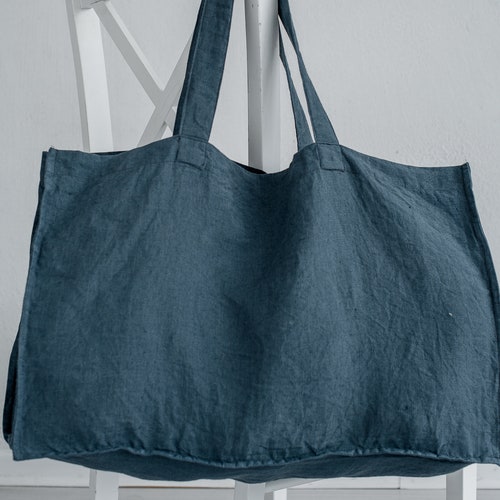 Natural Linen Tote Bag With Pocket Large Linen Beach Bag - Etsy