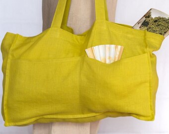 Tote bag with two pockets inside and ties closure / Natural washed linen / Large carrying market bag / Beach bag