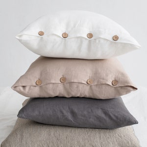 Washed linen pillow cases / Decorative cushion cover / Linen bedding / Linen pillow case with coconut buttons / Linen pillow cases image 4